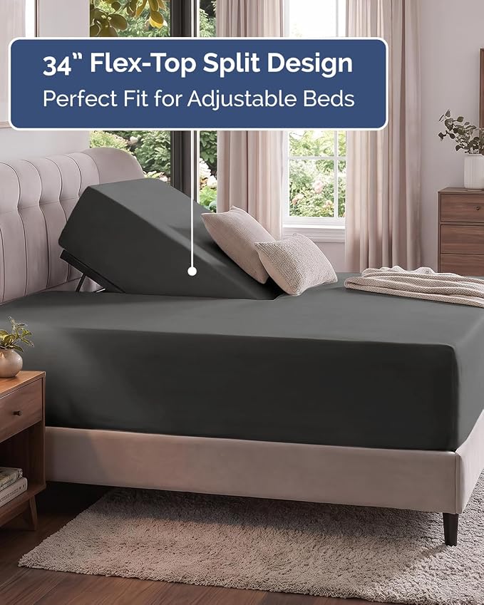 Extra Deep Flex Top Split Head King Fitted Sheet Only - Charcoal | Easily Fits 18 inch to 24 inch Mattress, Soft, Wrinkle Free, Breathable & Comfy, Extra Deep Pockets Hotel Luxury Fitted Sheet