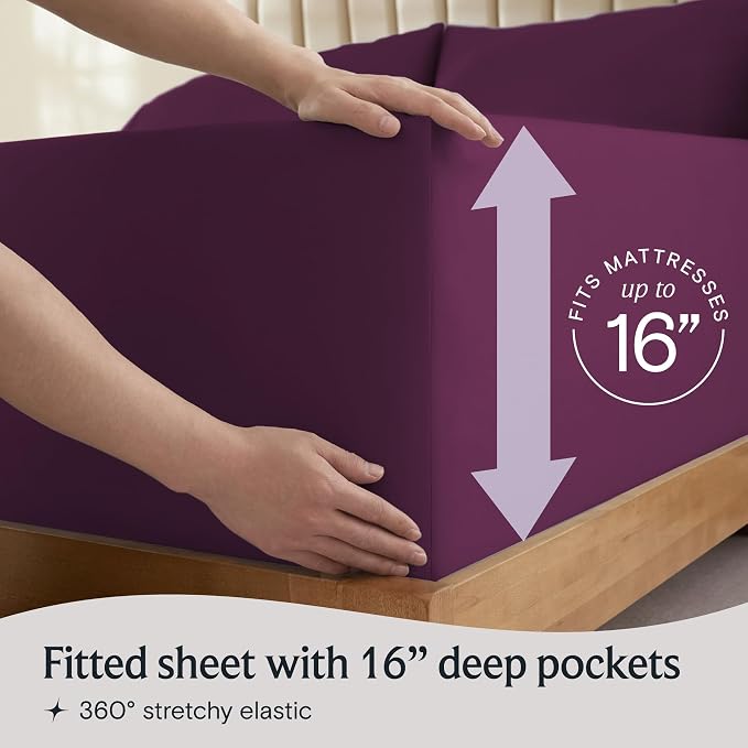 LuxClub Twin Size Sheets Set, Cooling & Soft Deep Pocket Bed Sheets, 3PC | LuxClub Silky Fitted Sheet & Pillowcase Sets, Breathable Hotel Luxury Bedding for Mattress Wrinkle Free, Eggplant