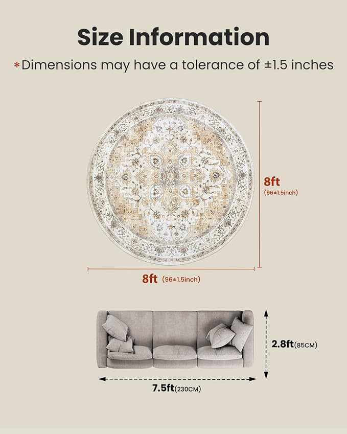 AMADA HOMEFURNISHING Round 8ft Area Rugs, Low-Profile Washable Rug with Non-Slip Backing & Durable Edge Binding, Vintage Rugs for Living Room, Bedroom, Dinning Room