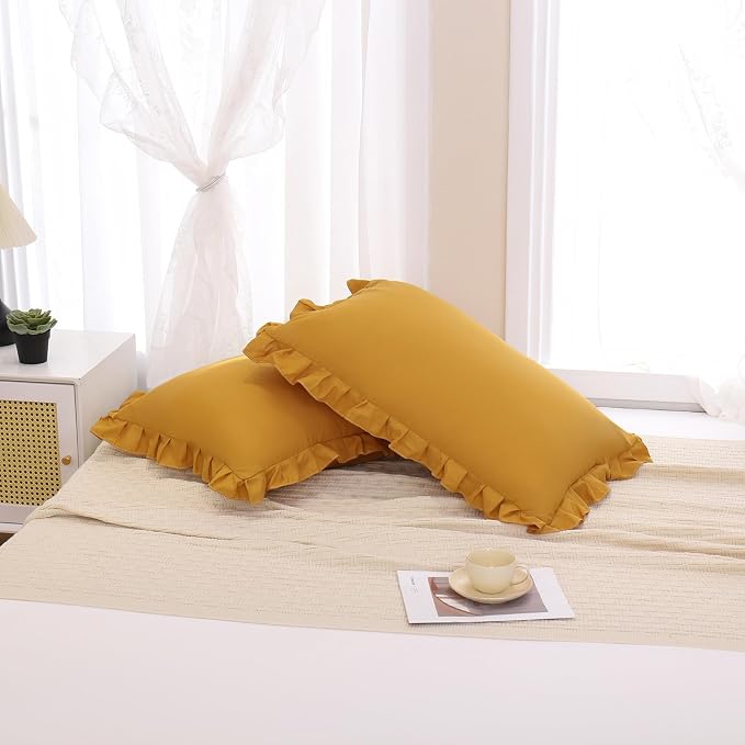 Merryword Mustard Yellow Pillowcases QueenPillowcases Set of 2 Ruffle Pillow Shams Cute Pillow Covers Solid Ruffled Fringe Design Yellow Shabby Chic Pillowcases 2 Pack