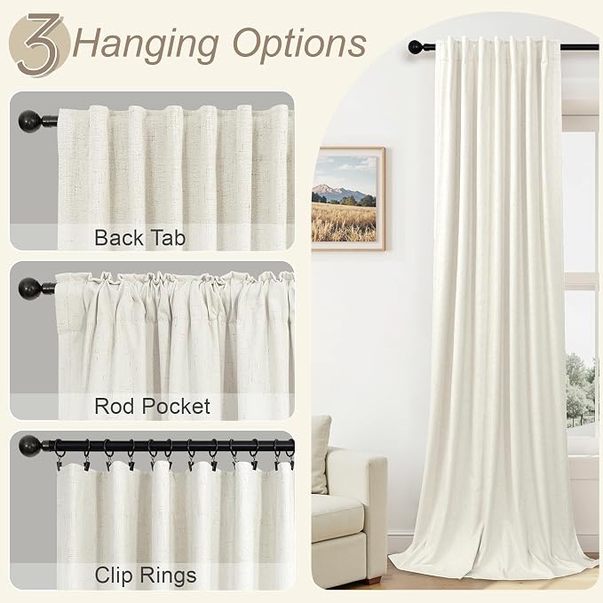 100% Blackout Thermal Curtains 98 Length 2 Panels Set for Bedroom Closet Room Divider Faux Linen Windows Rod Pocket Pleated Drapes Modern Farmhouse Living Room Darkening Curtains 98 Inches Long Cream
