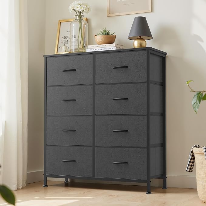 Sweetcrispy 8 Drawer Dresser with Fabric Bins for Bedroom Storage, Grey | Closet Organizer, Tall Chest of Drawers with Steel Frame and Wood Top, Easy Pull Handles, Hallway Entryway