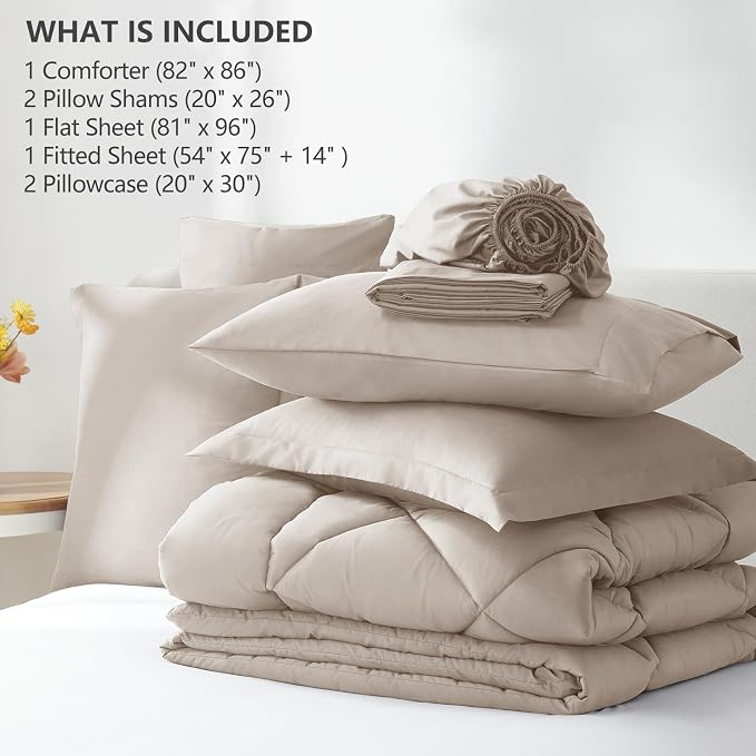 Full Size Comforter Sets Linen - 7 Pieces Complete Bedding Set | OEKO-TEX Certified, All Season, 240GSM Down-Alternative Comforter, Sheets, Pillowcases & Shams, 14" Deep Pocket, Easy Care