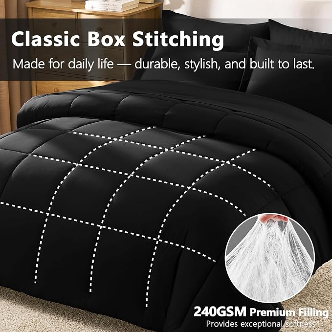 Oversized Queen Comforter Set, 7-Piece Bed in a Bag, Black | Extra-Wide Queen Coverage, OEKO-TEX Certified, Box-Stitched, 240 GSM Fill, All-Season Comfort, Sheets, Pillowcases & Shams