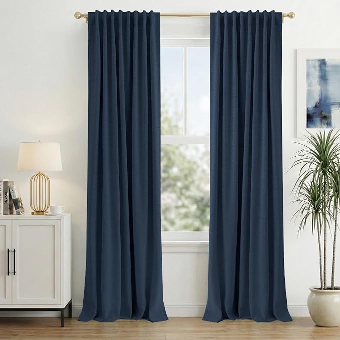 INOVADAY 100% Blackout Linen Curtains for Bedroom 50x72 Midnight Blue | Linen Textured, Light Blocking, Room Darkening, Thermal Insulated, Back Tab Top, Window Curtains for Living Room, 2 Panels