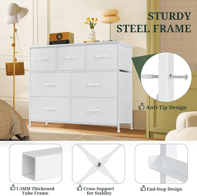 7-Drawer Dresser for Bedroom, Anti-Tip Wide Storage Organizer Fabric | Chest of Drawers TV Stand for 45" TV with Wooden Top and Metal Frame for Closet, Living Room, Hallway, Entryway, White