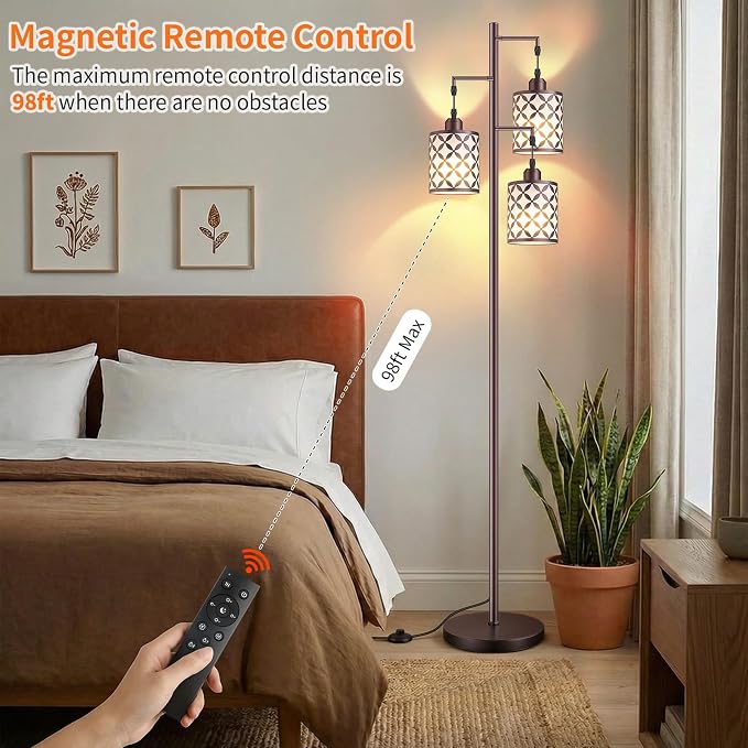 72" Dimmable Floor Lamp with Remote & Timer, Industrial Farmhouse Rustic Standing Lamp for Living Room Bedroom, 3 Individually Controlled Heads, 2 Height Options, 3 x LED Bulbs Included