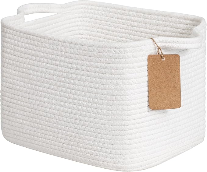 Goodpick Woven Rope Storage Basket for Shelves, Rectangle, White | 13" × 10" × 9" Stylish Gift Basket for Home Decor, Cotton Rope Baskets for Toys, Books & Towels Storage, Reinforced Handles