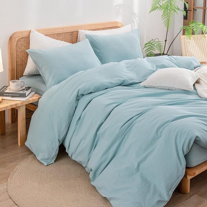 BESTOUCH Cotton Solid Duvet Cover Set Linen Feel Hushed Green Queen | 100% Washed Cotton, Soft Wrinkle Texture, Hidden Zipper, 8 Ties, Breathable Lightweight Durable Comfy, 3 Pcs No Insert