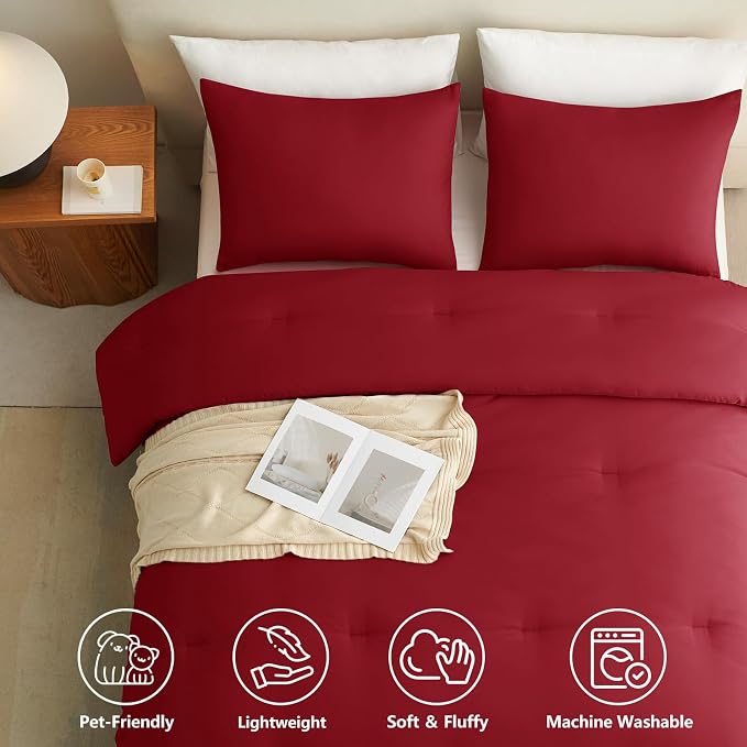 California King Comforter Set, 3 Pieces Dark Red Quilted Bedding | 270 GSM Down Alternative Fill, 4 Corner Ties for Duvet Insert Use, All Season, OEKO-TEX Certified, 2 Pillowcases, 104 x 96 in