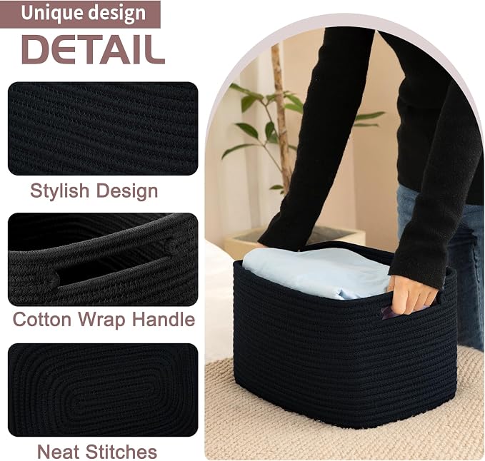 OIAHOMY 4 Pack Storage Baskets for Organizing 15L Cube Storage Bins Black | Woven Baskets for Storage Rectangle Small Baskets With Handles Baskets for Shelves Wicker Baskets for Shelves 12.7x9x7.8inch