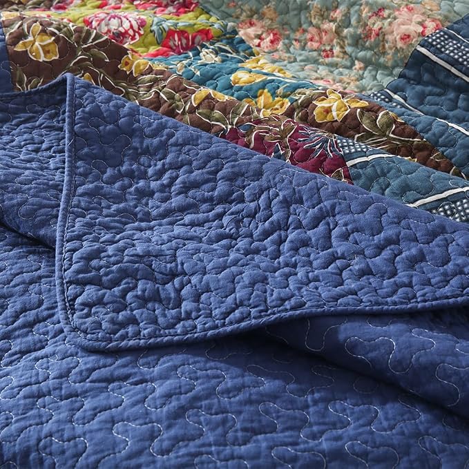 VISIMISI Cotton Bedspread Quilt Sets Reversible Bedding Coverlet Sets 3 Pieces Patchwork Blue Vintage Floral Paisley Bedspread, King Size