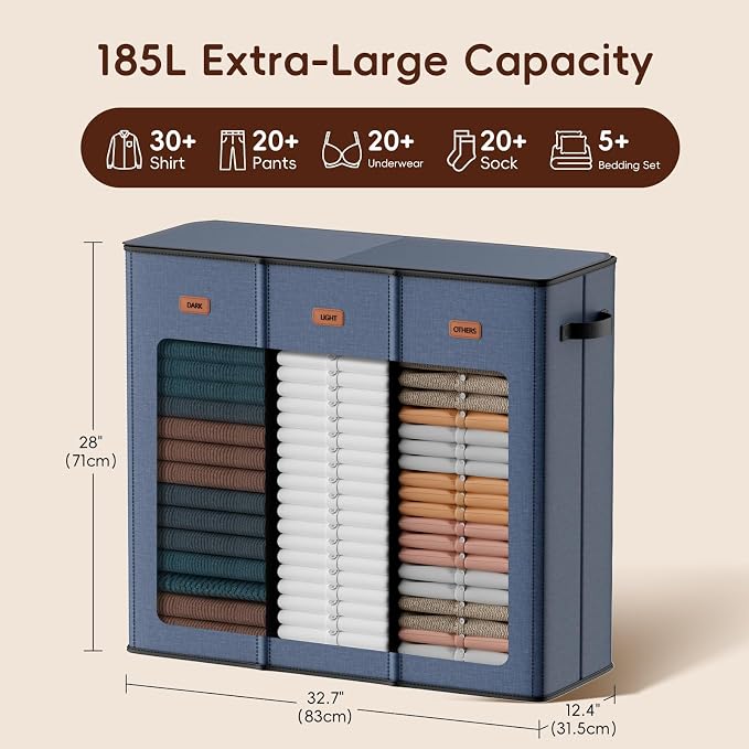 185L Laundry Hamper 3 Section, Laundry Hamper with Lid, Dirty Clothes Hamper with 3 Removable Washing Bags, Extra Large Laundry Basket Organizer for Bedroom, Laundry Room, Dorm - Navy Blue