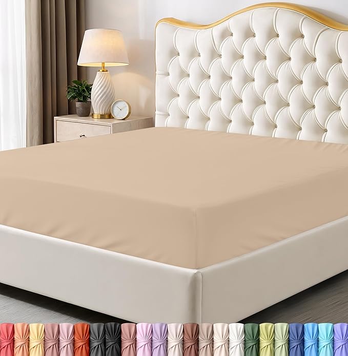King Fitted Sheet, Ultra Soft Fits Up to 16 Inch Deep Pocket, Beige | Hotel Comfort, Cooling & Breathable Cotton like Polyester, Easy Fit, Wrinkle & Fade Resistant, Snug Fit, Easy Care, Oeko-Tex