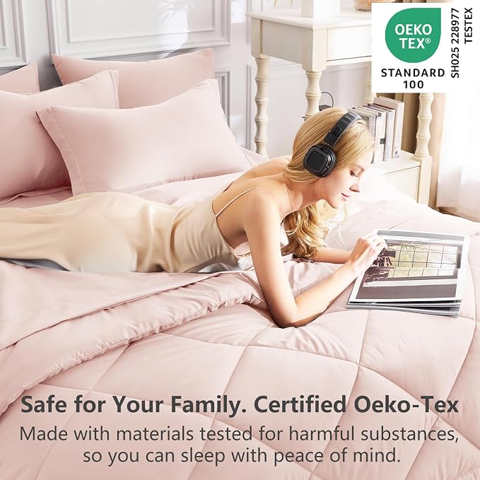 Twin XL Comforter Set Blush Pink - 5 Pieces Complete Bedding Set | College Dorm Essentials, OEKO-TEX Certified, All Season, 240GSM Down-Alternative Comforter, Sheets, Pillowcase & Sham