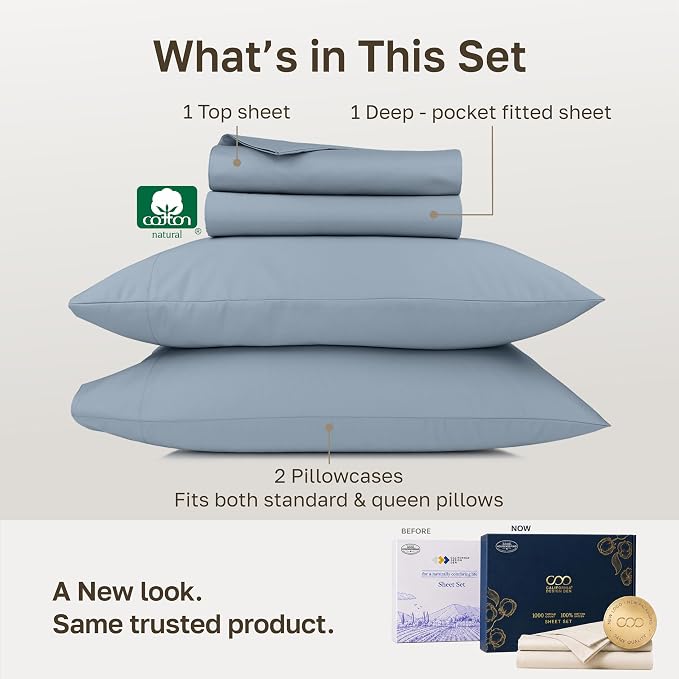 California Design Den 1000 Thread Count Queen Size Bed Sheet Set 4 Pcs,Blue | Backed by Good Housekeeping Seal - 100% Cotton Sateen - Soft, Thick & Heavy, 16" Deep Pocket, All-Around Elastic, Durable