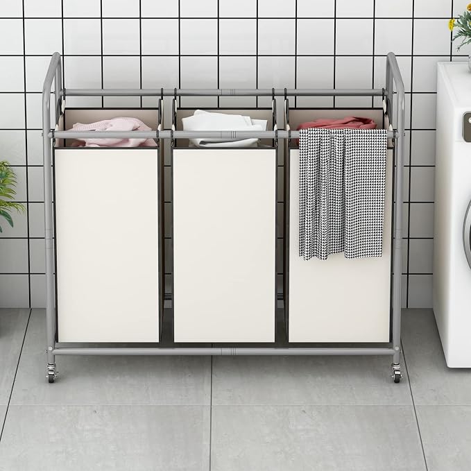 LINZINAR 3 Section Laundry Hamper, Beige Laundry Basket 135L Laundry Sorter | Laundry Room Organization with Heavy Duty Rolling Lockable Wheels and Removable Bag, Bedroom Laundry Cart for Clothes Storage