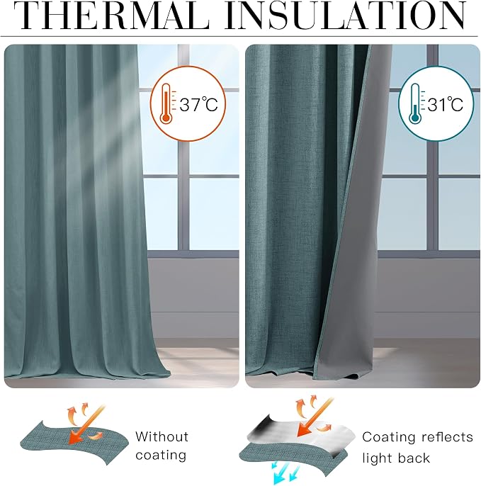 RYB HOME 100% Blackout Linen Textured Curtains 84 inches Long, Thermal Insulating Privacy Energy Saving for Bedroom Living Room Window Office Theater Baby Nursery, W 52 x L 84 in, Misty Blue, 2 Pcs