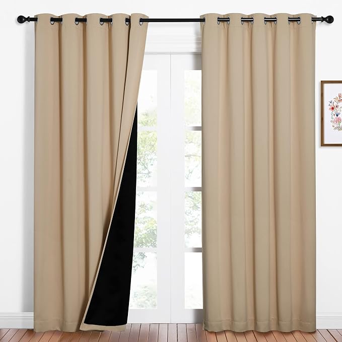 NICETOWN Biscotti Beige Curtains for Living Room 62" w x 84" L 2 Panels | Completely Shaded Draperies Ring Top Drapes Black Lined Insulated Window Treatment Panels, Privacy Protection Noise Reducing