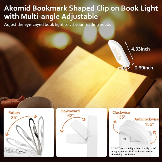 Akomid Book Light USB Rechargeable Clip on Reading Light, Eye-Cared Amber Light Mode Book Light for Reading in Bed Kids, 8 LEDs Bookmark Portable Stepless Dimming, White
