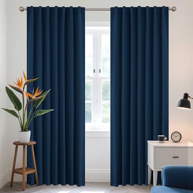 Joydeco 90 Inch Blackout Curtains for Bedroom, Thermal Insulated Black Out Curtains 2 Panels Set, Room Darkening Drapes for Living Room Window Rod Pocket Back Tab (W37 x L90 Inch, Navy Blue)