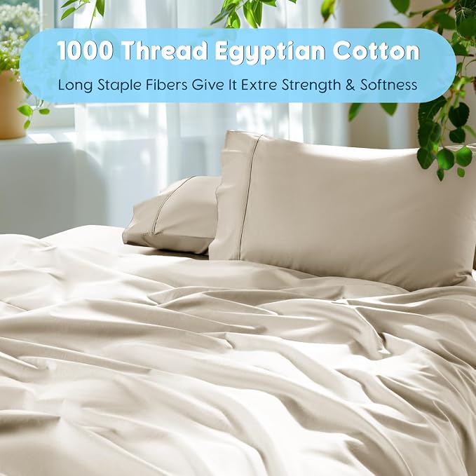 SONORO KATE 1000 Series 100% Egyptian Cotton King Sheet Set,4 Pieces | Soft,Breathable Long Staple,Sateen Weave,Luxury 5-Star Hotel Bed Sheets,16" Deep Pocket,Cream