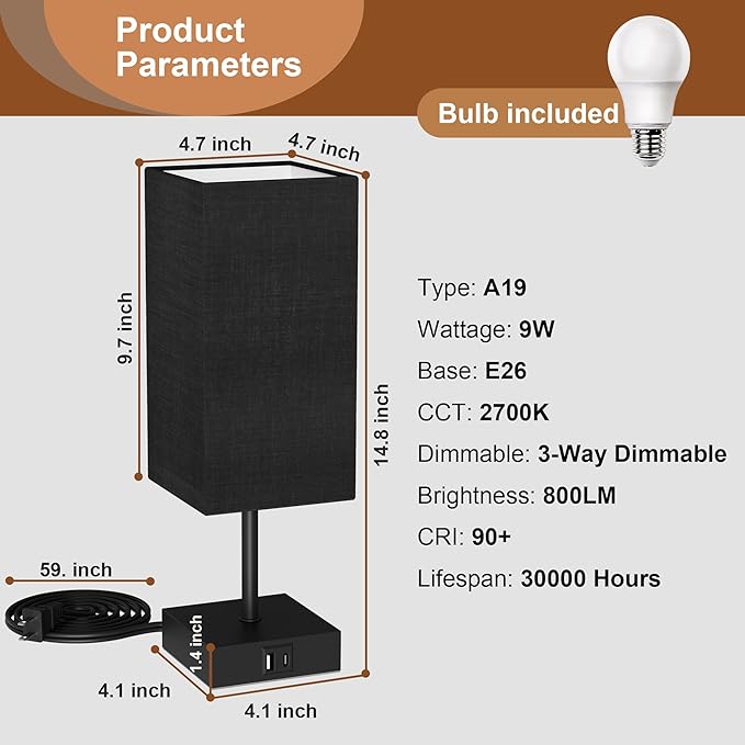 Touch Bedside Table Lamp for Bedroom, 14-Inch, Black, Set of 2 | USB A+C Ports, Touch 3-Way Dimmable LED Bulb Included Fabric Lampshade Metal Base Small Nightstand Lamp for Desk Living Room