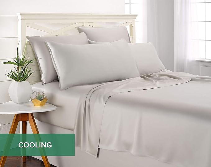 Pure Bamboo Queen Sheets, Genuine 100% Organic Viscose Derived from Bamboo Bed Sheet Set, Luxuriously Soft & Cooling, Double Stitching, 2 Year Quality Promise (Queen, Silver Pearl)