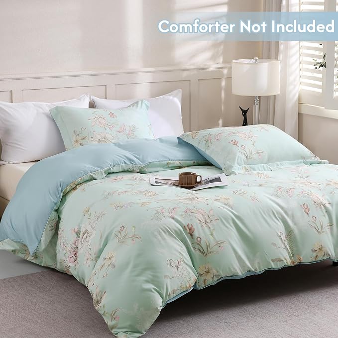 LONAVA King Flower 3 Pcs Duvet Cover Set, Breathable Soft Microfiber Light Blue Lining Comforter Cover with Zipper Closure, and 2 Anti-Pilling, Fade Resistant Pillowcases, Mint Flower