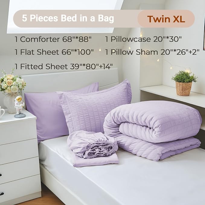 5 Pieces Twin XL Comforter Set, Seersucker Bed in a Bag Twin XL Size, All Season Luxury Bedding Set with Comforter, Flat Sheet, Fitted Sheet, Pillowcase & Sham, Lavender
