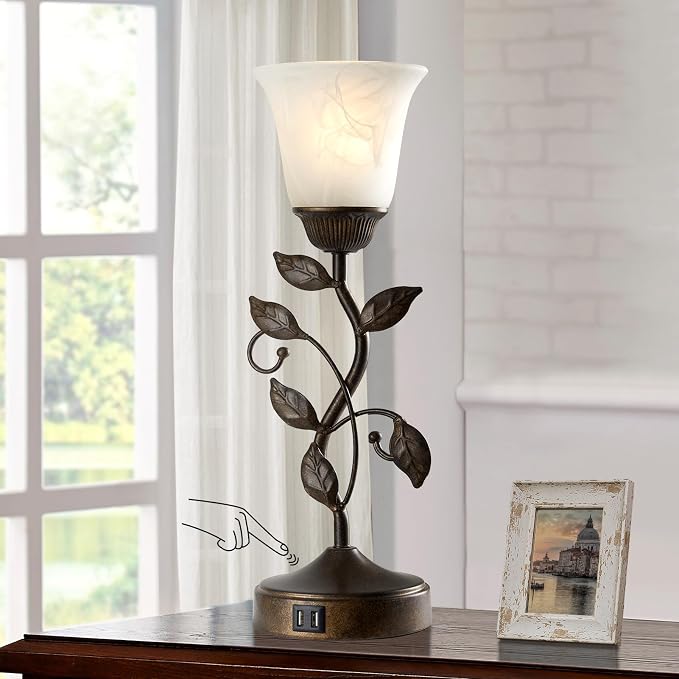 Touch Bedside Table Lamp for Living Room with 2 USB C+A Ports | 3 Way Dimmable Leaf Lamp Retro Vintage Nightstand Table Lamp for Bedroom with White Glass shade, LED Bulb Included