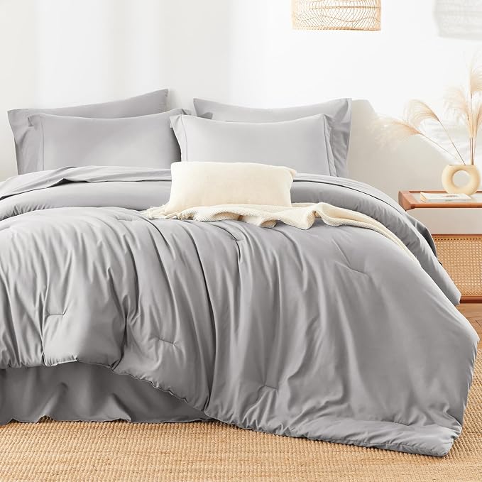 HIMEET King Comforter Set, 7-Piece Point-Quilted Bed in a Bag, French Grey | OEKO-TEX Certified, Lightweight 240 GSM Comforter, Flat Sheet, 14-Inch Deep-Pocket Fitted Sheet, Pillowcases & Shams