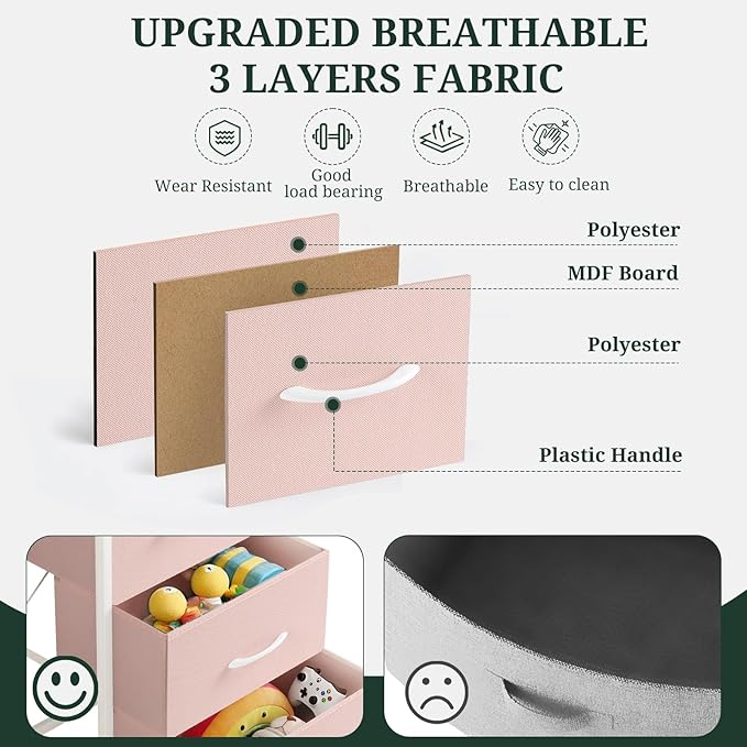 4 Drawers Dresser for Bedroom Fabric Storage Tower with Wooden Top | Steel Frame Tall Chest of Drawers for Closet, Entryway, Dorm, Pink