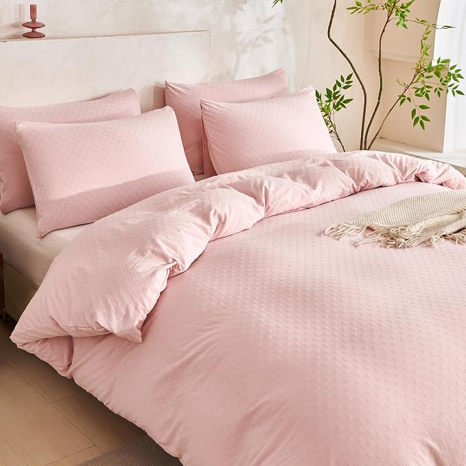 Pink Comforter Set Queen Polka Dot Soft Luxury Washed Microfiber Jacquard 3 Pieces Bedding Set, Pink Polka Dot Pattern Comforter with 2 Pillowcases Breathable Durable Comfy
