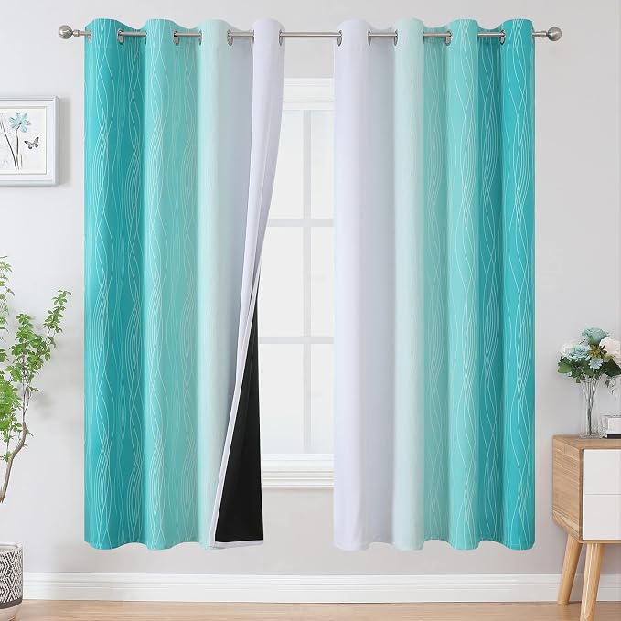 Teal and Grayish White Ombre Blackout Curtains for Living Room 72 Inch Long | Estelar Textiler Room Darkening Curtains for Bedroom,Thermal Insulated,Light Blocking Grommet Window Drapes,52Wx72L,2 Panels