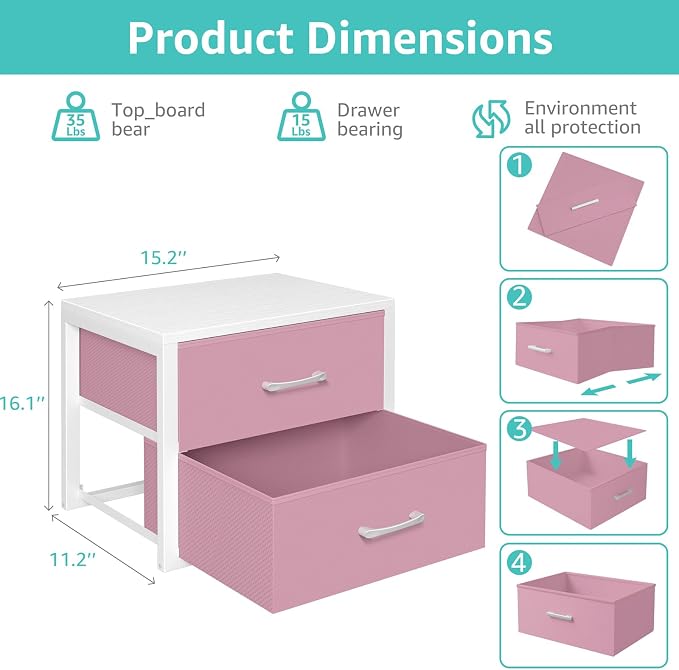 BOLUO Stackable Closet Drawers for Clothes Organizers and Storage Fabric Pink 2 Drawer Dresser for Bedroom 2 Packs Modern Small