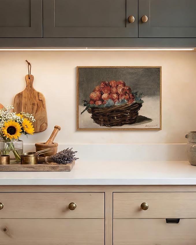 WHASAYART Raspberries Canvas Wall Art 12x16in, Vintage Fruit Still Life Framed Wall Decor, Rustic Farmhouse Kitchen Artwork Print, Fruit painting for Dining Room, Kitchen, Coffee Bar, Gift Ready