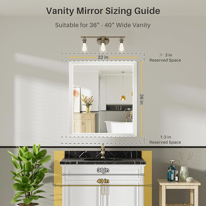 Bathroom Wall Mirror, White Metal Frame, 36x32 Inch | Anti-rust, HD tempered glass, for bathroom vanity, bedroom, living room, horizontal or vertical mount