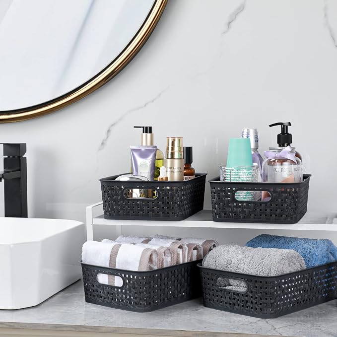 [ 8 Pack ] Plastic Storage Baskets, Small Pantry Organization and Storage Bins, Household Organizers for Laundry Room, Bathrooms, Kitchens, Cabinets, Countertops, Under Sink or Shelves, Black