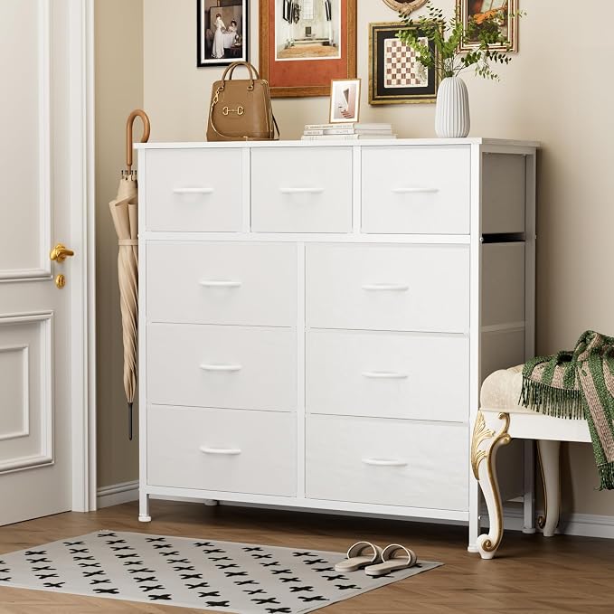 Sweetcrispy 9 Drawer Fabric Dresser Storage Tower Drawer Organizer, White | Sturdy Steel Frame with Wood-top, Easy-pull Handle, Space-Saving Organizer Chest for Bedroom, Closet, Lightweight and Stable