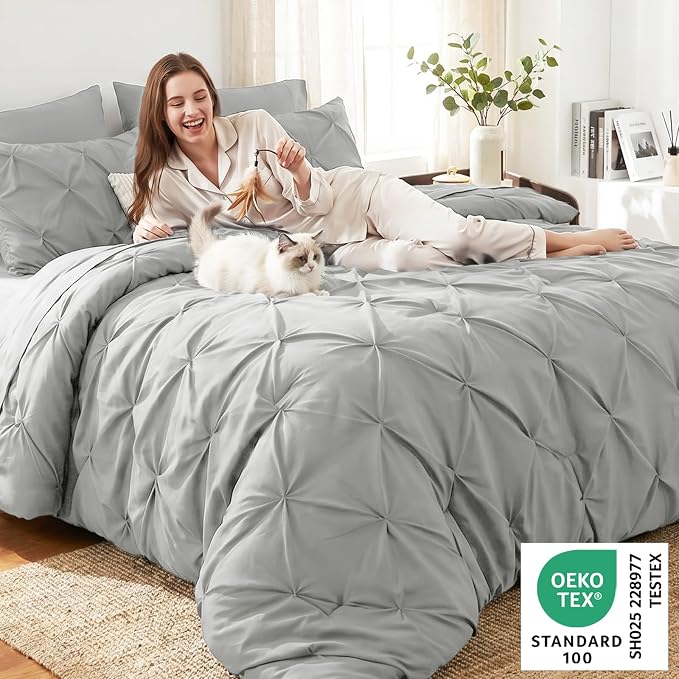 Queen Comforter Set Light Grey, 7 Pieces Pintuck Bed in a Bag | OEKO-TEX 100 Certified, 240GSM All Season, Bedroom, Guest Room, Down-Alternative Comforter, Sheets, Pillowcases & Shams