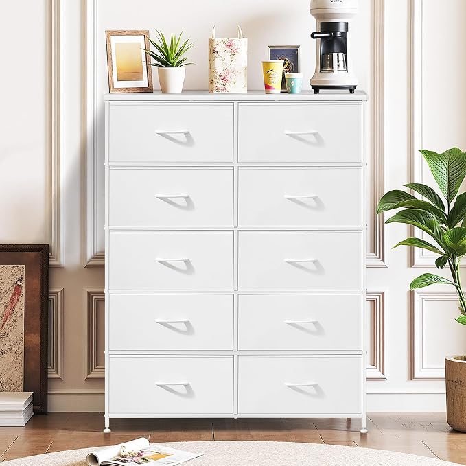 10-Drawer Dresser for Bedroom, Anti-Tip Tall Storage Organizer | Chest of Drawers with Wooden Top and Metal Frame Fabric Bins for Closet, Living Room, Hallway, Entryway, White