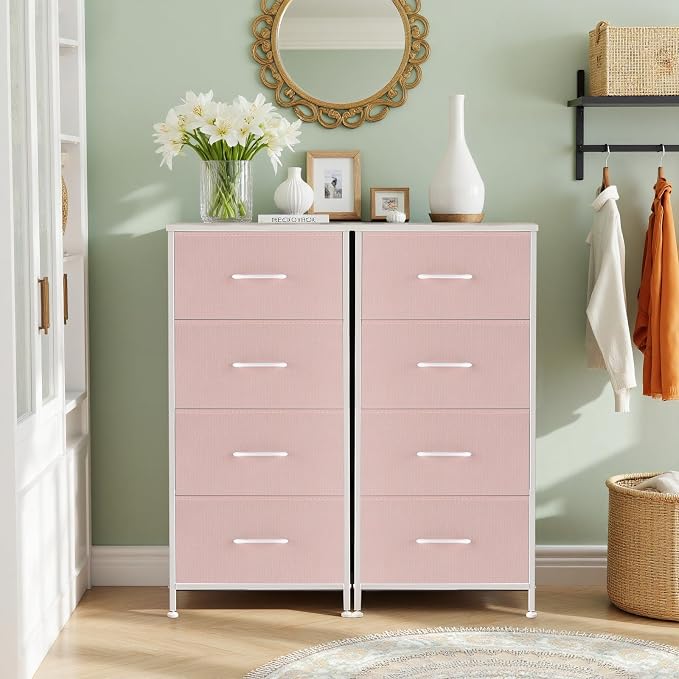 4 Drawers Dresser for Bedroom Fabric Storage Tower with Wooden Top | Steel Frame Tall Chest of Drawers for Closet, Entryway, Dorm, Pink