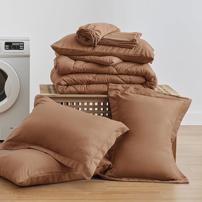 Love's cabin Queen Comforter Set Mocha Mousse, 7 Pieces Queen Bed in a Bag, All Season Bedding Sets with 1 Comforter, 1 Flat Sheet, 1 Fitted Sheet, 2 Pillowcase and 2 Pillow Sham