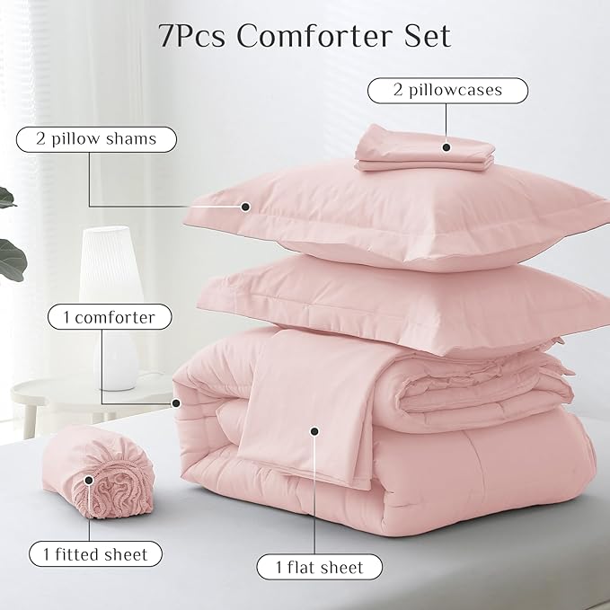 JOLLYVOGUE King Comforter Set, Ultra-Soft Bed in a Bag King Size 7 Pieces, Oeko-TEX Certified Bedding Set with Down Alternative Comforter, Sheets, Pillowcases & Shams, Blush Pink