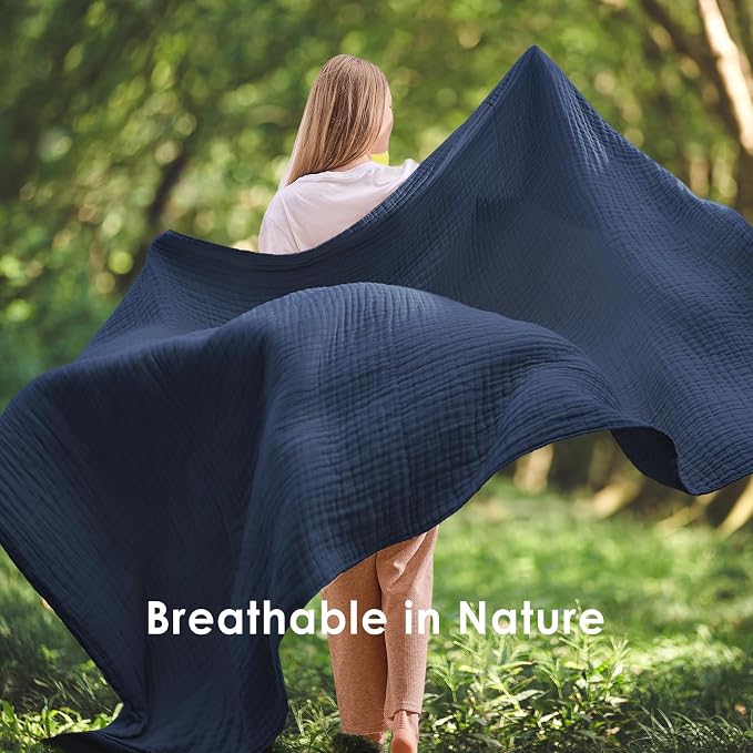 EMME Cotton Muslin Throw Blanket 4 Layer for Adults, Lightweight Breathable Gauze Blanket, Soft All Season Couch Blanket for Couch Bed Travel (Navy, 50"x60")