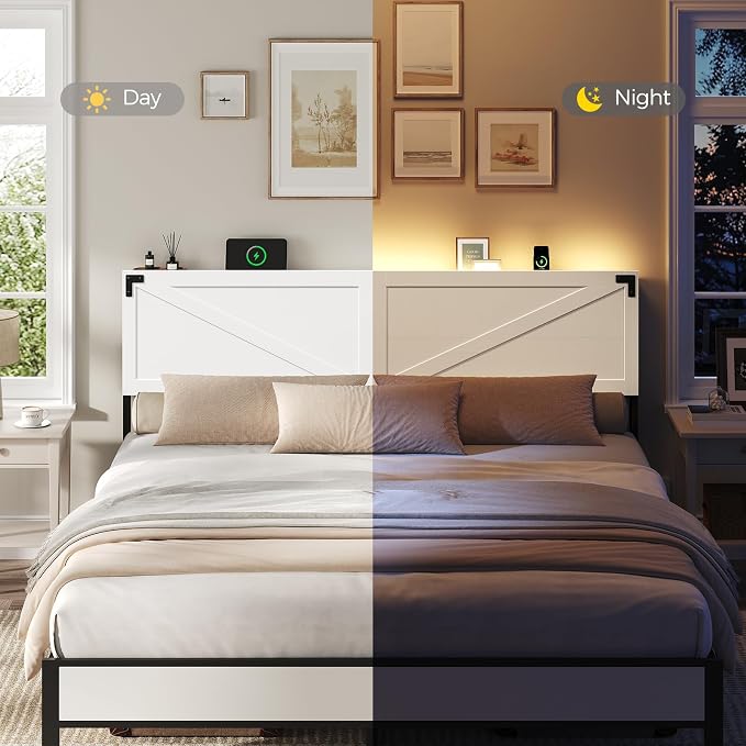 MAHANCRIS King Headboard with Charging Station, LED Light and Storage | Farmhouse Wooden Bed Head with Bed Frame Adapter LED Adjustable Brightness and Color Modes Easy Assembly White