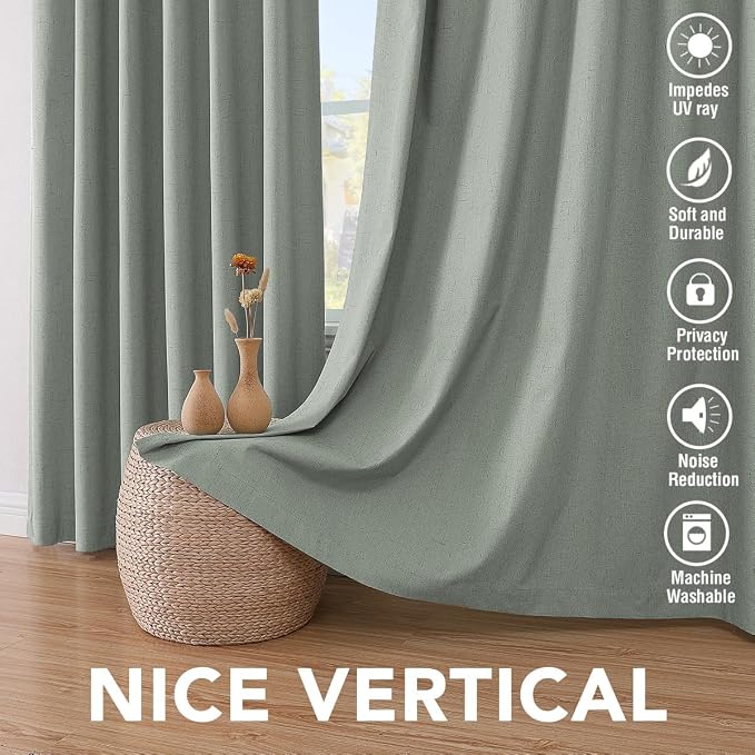 H.VERSAILTEX Blackout Curtains Linen Curtains 120 inches Long 100% Black Out Curtains for Bedroom Windows, Textured Linen Look Draperies Grommet with White Liner, 2 Panels, Green Bay
