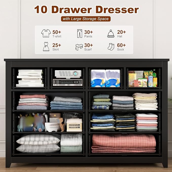 EnHomee Black Dresser for Bedroom with 10 Drawer, Multi-Layer Organization | Modern Wood Chest, 52"W TV Stand Versatile for Living Room Entryway Closet, Metal Frame and Handles, Smooth Glides, Anti-Tip