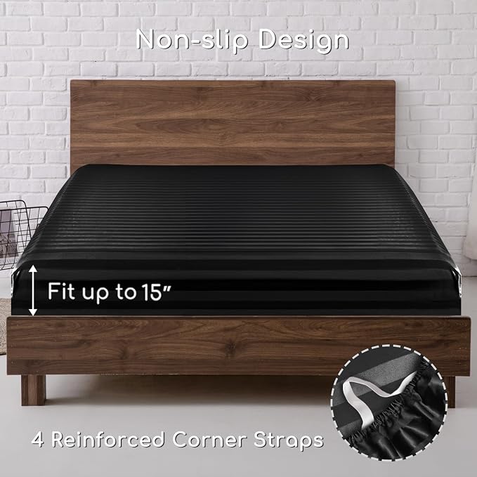 MR&HM Satin Sheets King Size with Elastic Corner Straps, Black Striped | Similar to Silk, 6-Piece Silky Soft Bed Sheet Set, Gentle on Skin and Hair, 15" Deep Pocket, Cooling & Breathable